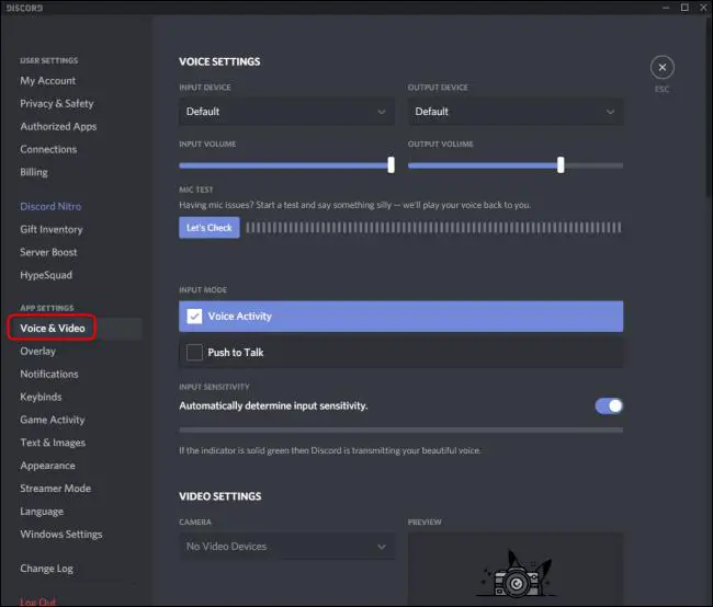 Go to Voice and Video in discord