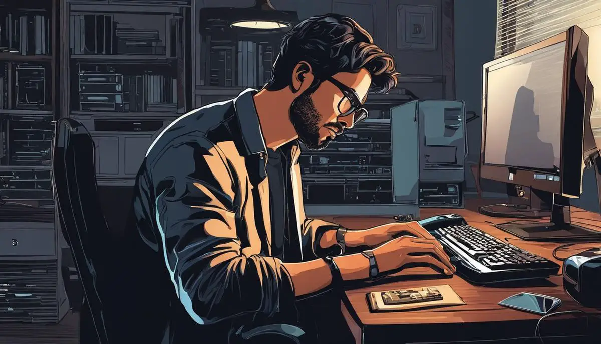 Illustration of a person fixing keybindings on their computer with a determined expression.