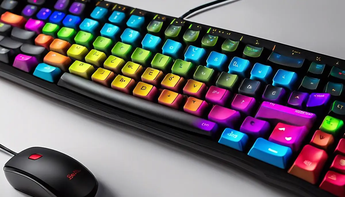 An image showing a keyboard with colorful keybinds marked on it.